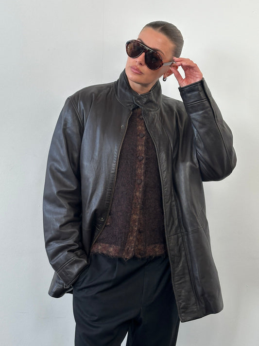 Jaeger 1990s Concealed Placket High Neck Leather Jacket - XL