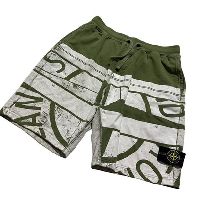 Stone Island Printed Cotton Shorts | Large, Olive Green