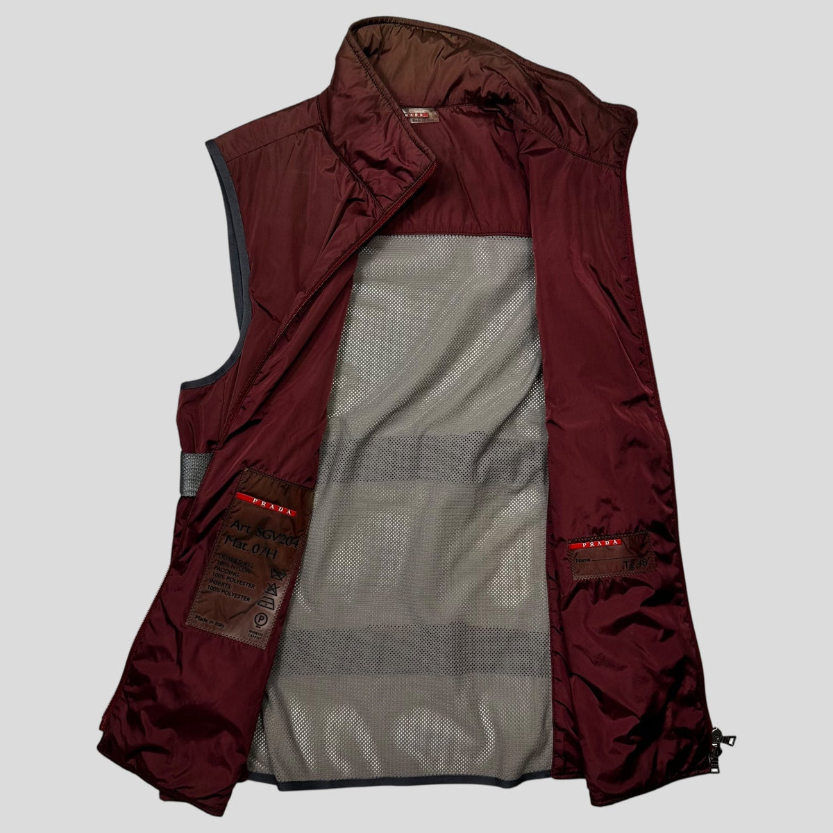 Prada Sport 1999 Nylon Bondage Mesh Padded Gilet - IT48 (S/M) | Small, Burgundy