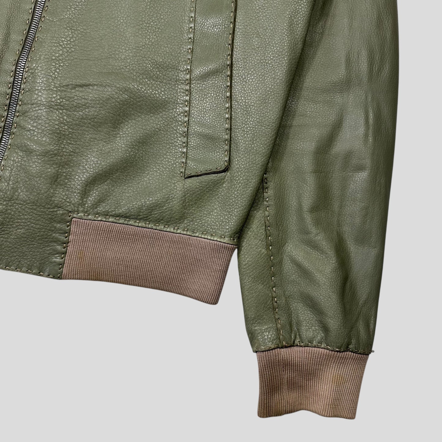 Fendi Avocado Green Lambskin Leather FF Zucca Bomber Jacket - IT46 (S/M)