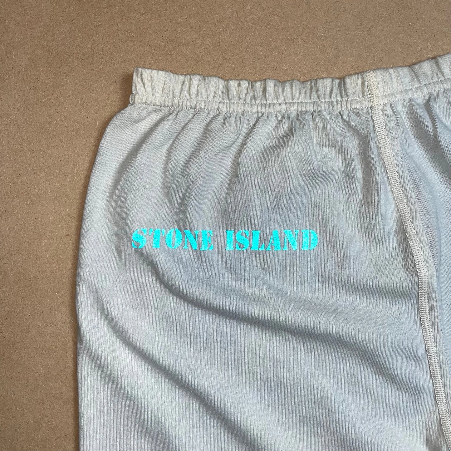 S/S 1989 Egg Shell Blue Light Cotton Stretch Reflective Spell Out Sweatpants
