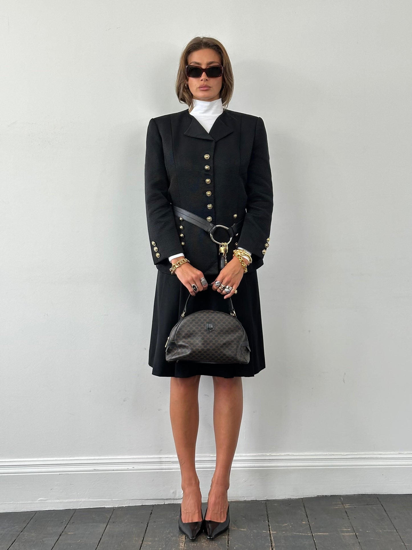 Celine 1980s Pure Wool Logo Hardware Pleated Skirt - W24