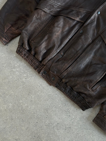 Vintage 1990s Aged Double Collar Leather Bomber Jacket - XL