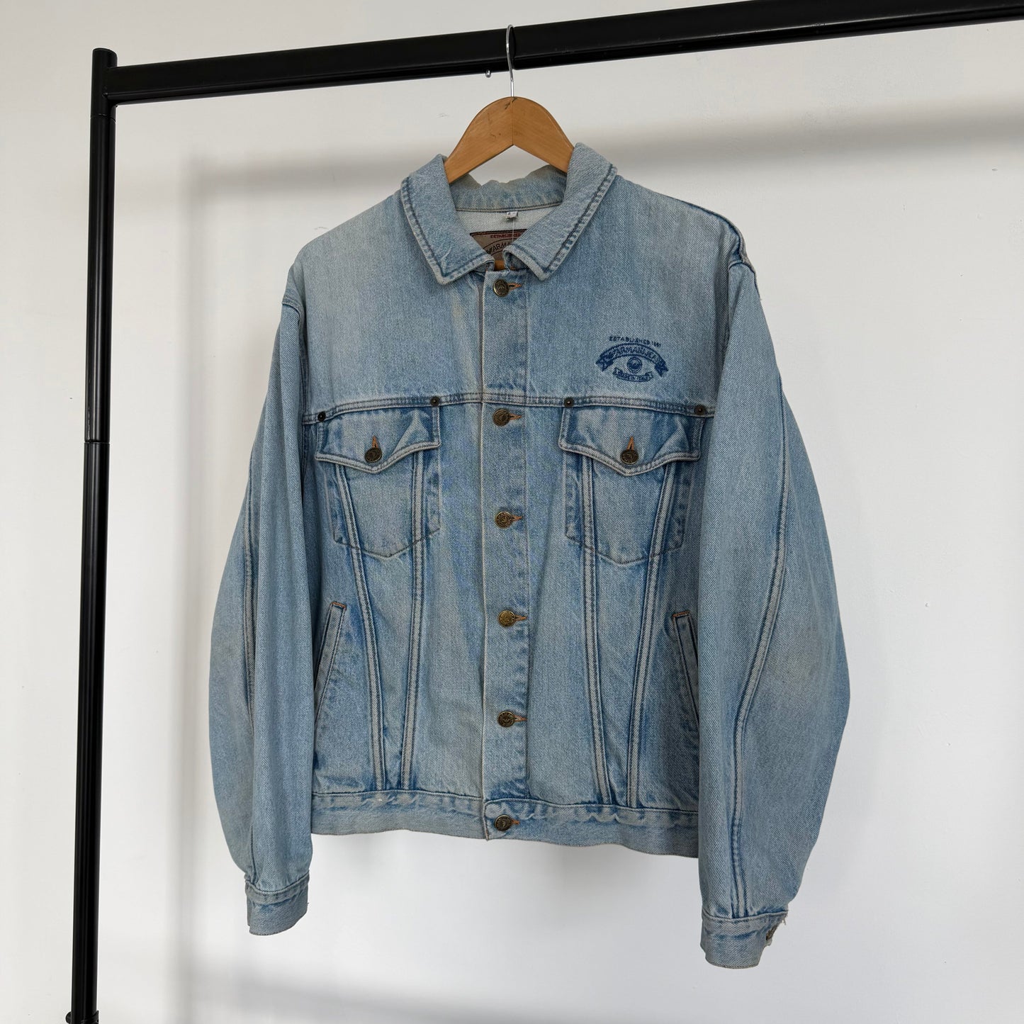 1990s armani jeans distressed denim trucker jacket | O/S, Blue