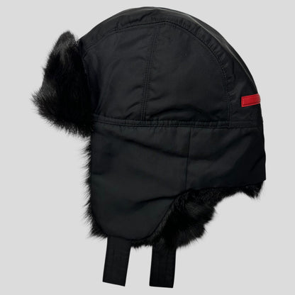 Prada Sport AW99 Goat Fur Nylon Canvas Trapper Hat - L (M) | O/S, Black