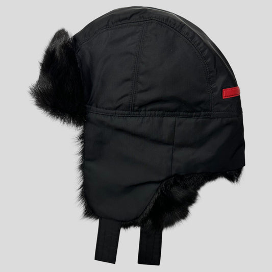 Prada Sport AW99 Goat Fur Nylon Canvas Trapper Hat - L (M) | O/S, Black