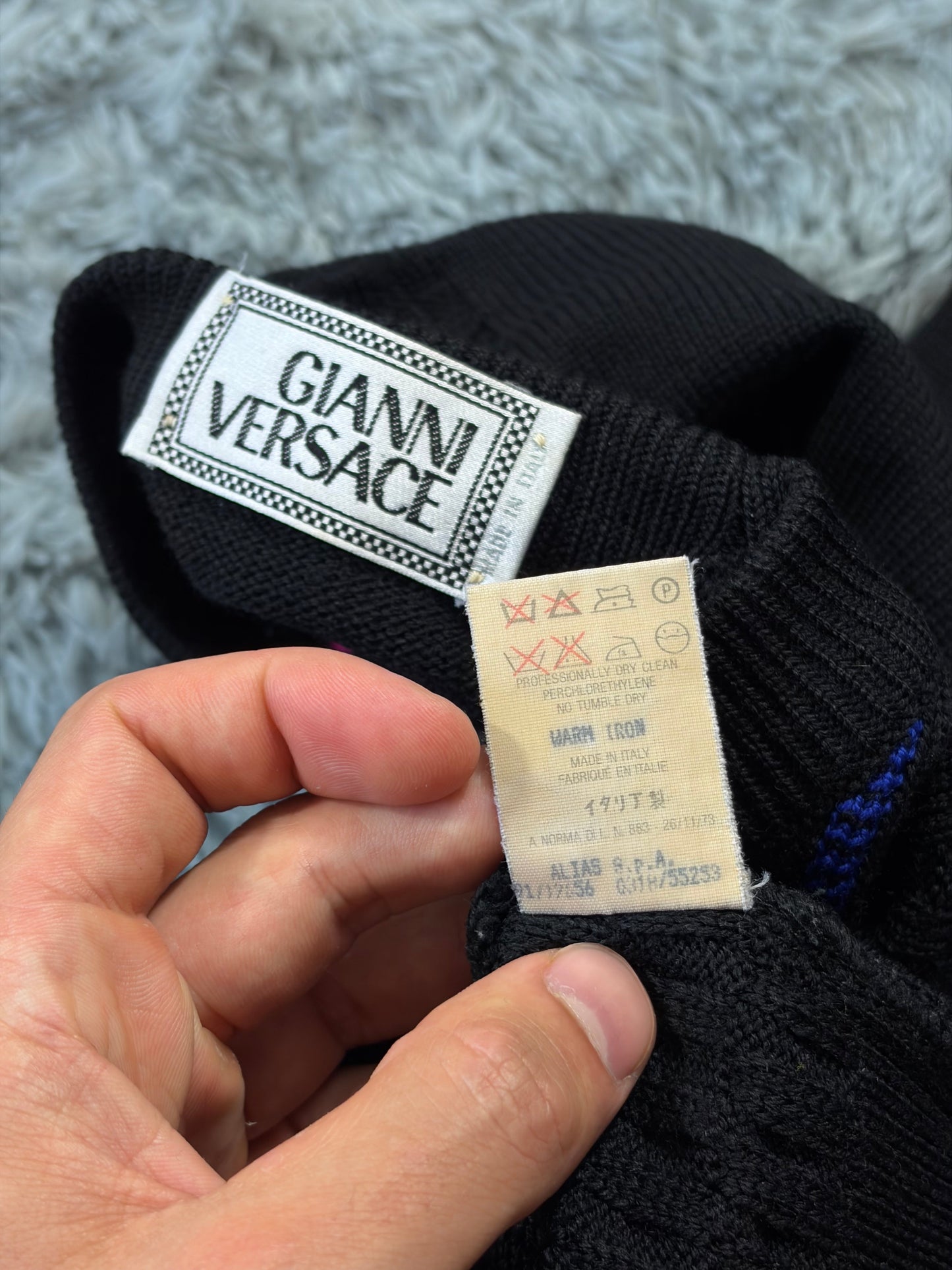 Gianni Versace 1991 Lines & Diamonds Geometric Heavy Knit - M/L | O/S, Multicoloured