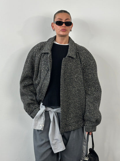 Vintage 1990s Wool Herringbone Bomber Jacket - XXL