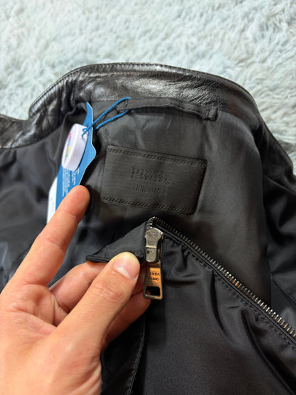 Prada Milano 2011 Gabardine Nylon Leather Hybrid Biker Jacket - S/M | O/S, Black