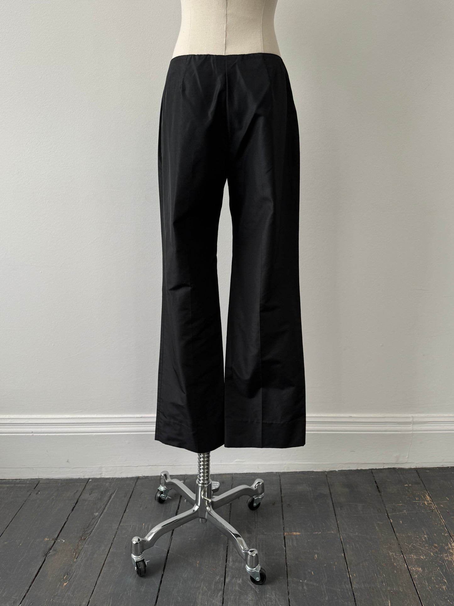 Emporio Armani silk low waist tailored trousers in size W26, featuring a sleek, elegant fit and classic design.