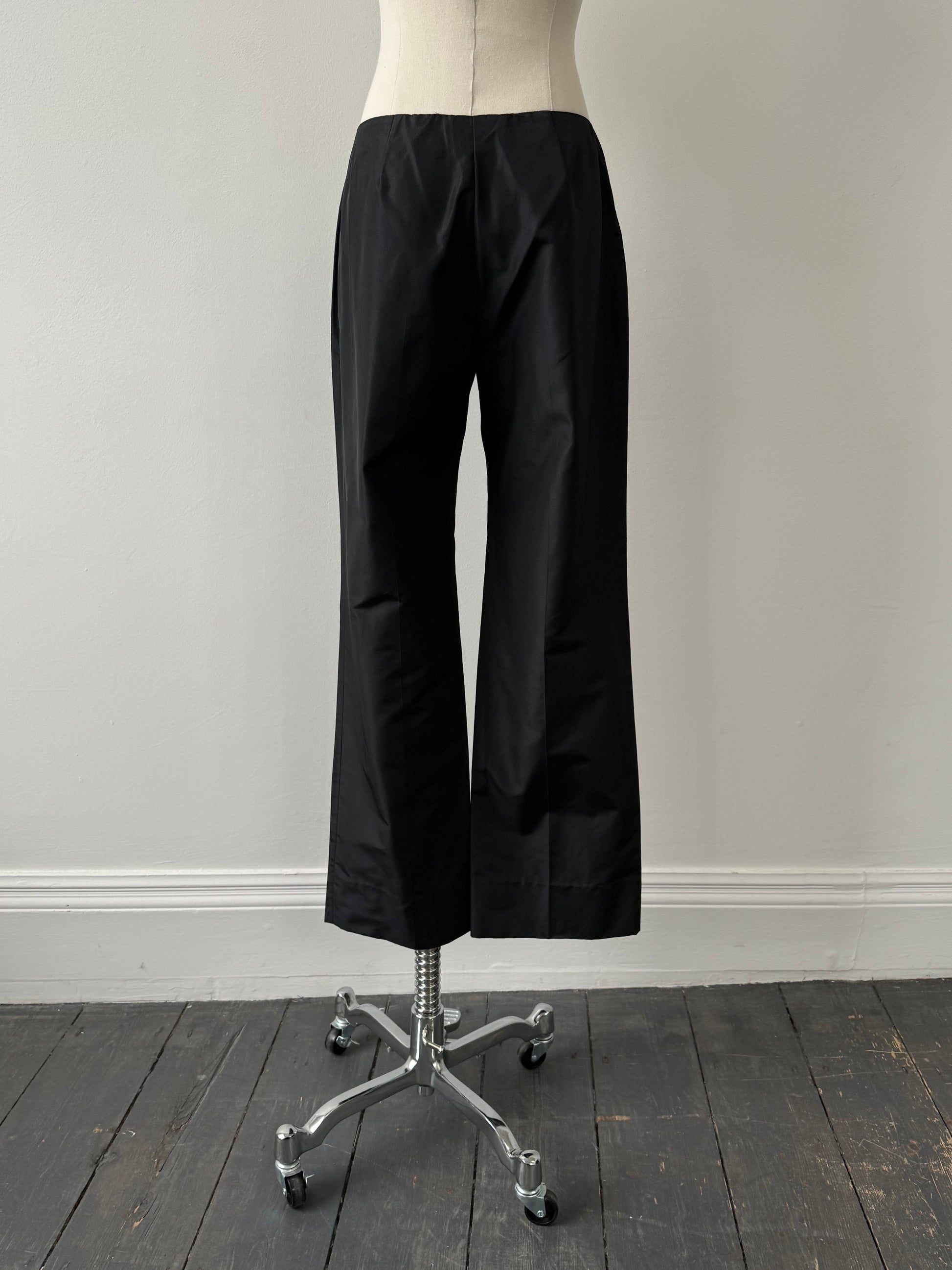 Emporio Armani silk low waist tailored trousers in size W26, featuring a sleek, elegant fit and classic design.