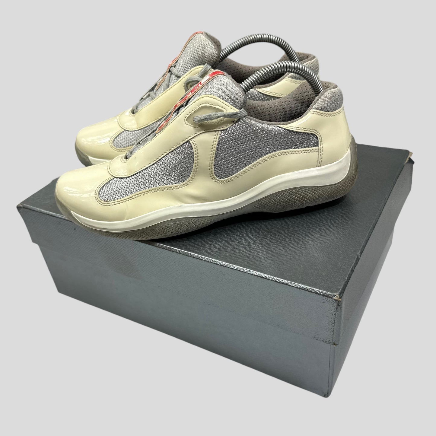 Prada Americas Cup Patent Cream & Grey Mesh Trainer - UK7.5