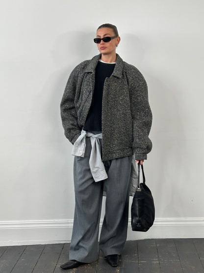 Vintage 1990s Wool Herringbone Bomber Jacket - XXL