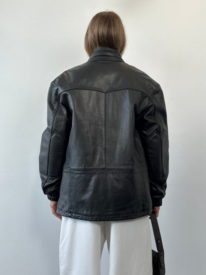 Vintage High Neck Smooth Leather Jacket - L/XL
