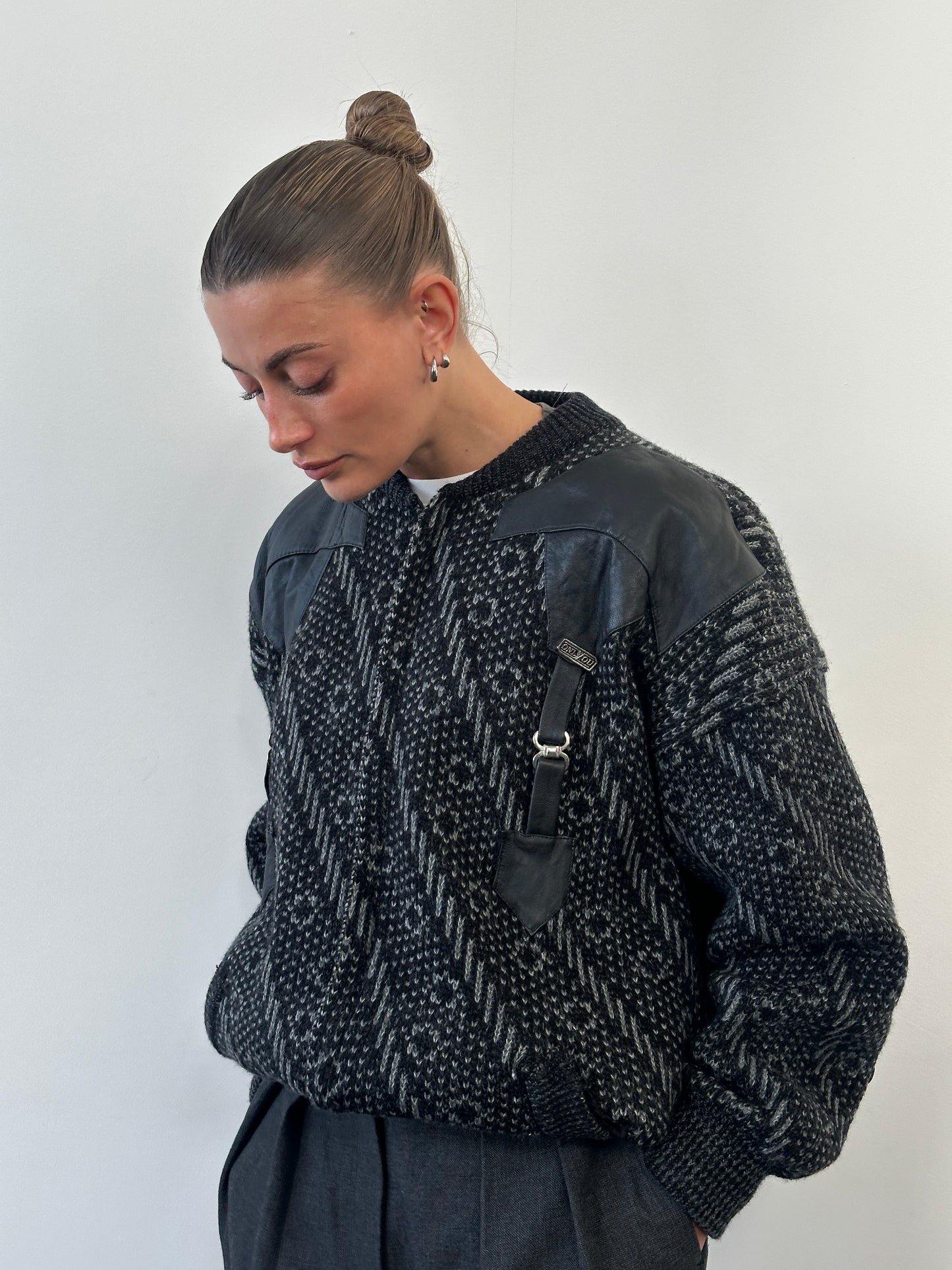 Vintage 1980s Wool Print Knit Bomber Jacket - XL