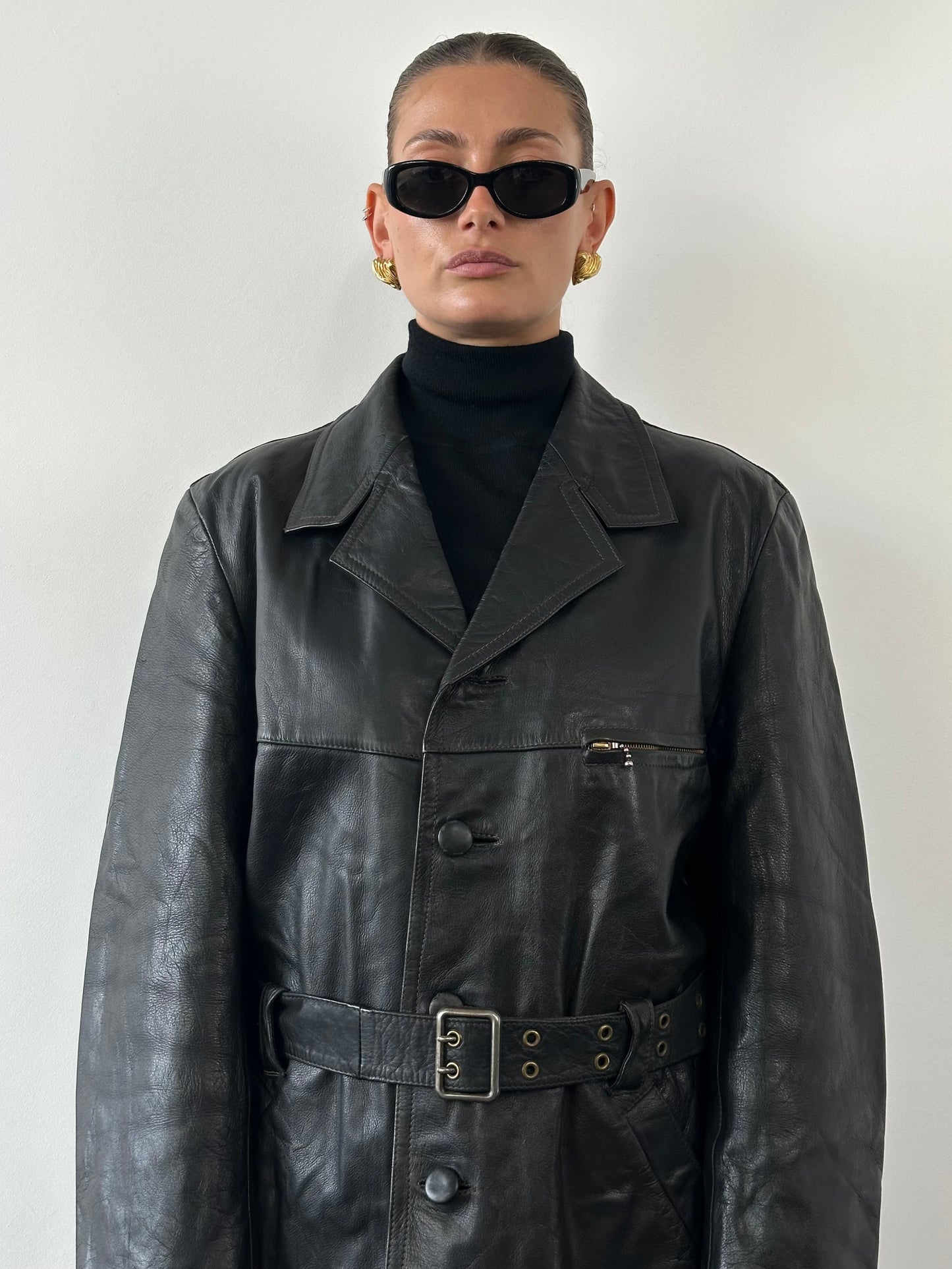 Vintage Belted Leather Jacket - XL