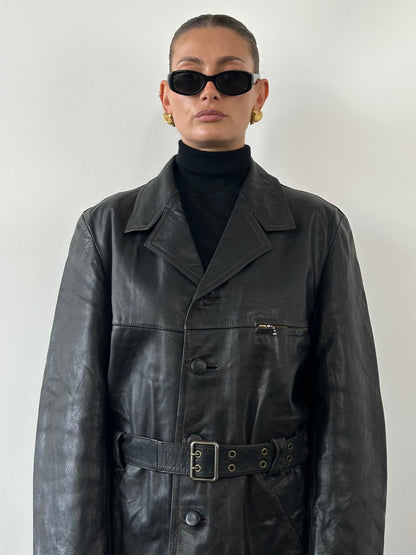 Vintage Belted Leather Jacket - XL