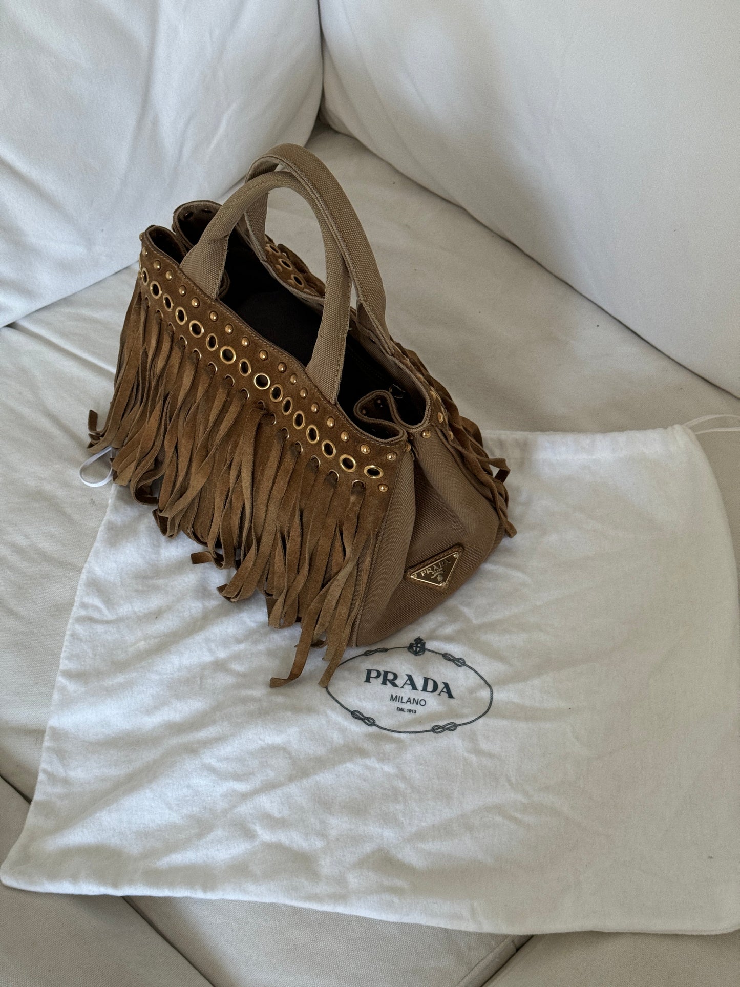 RARE 2010s Prada Grommet Suede Frill Handbag | O/S, Brown