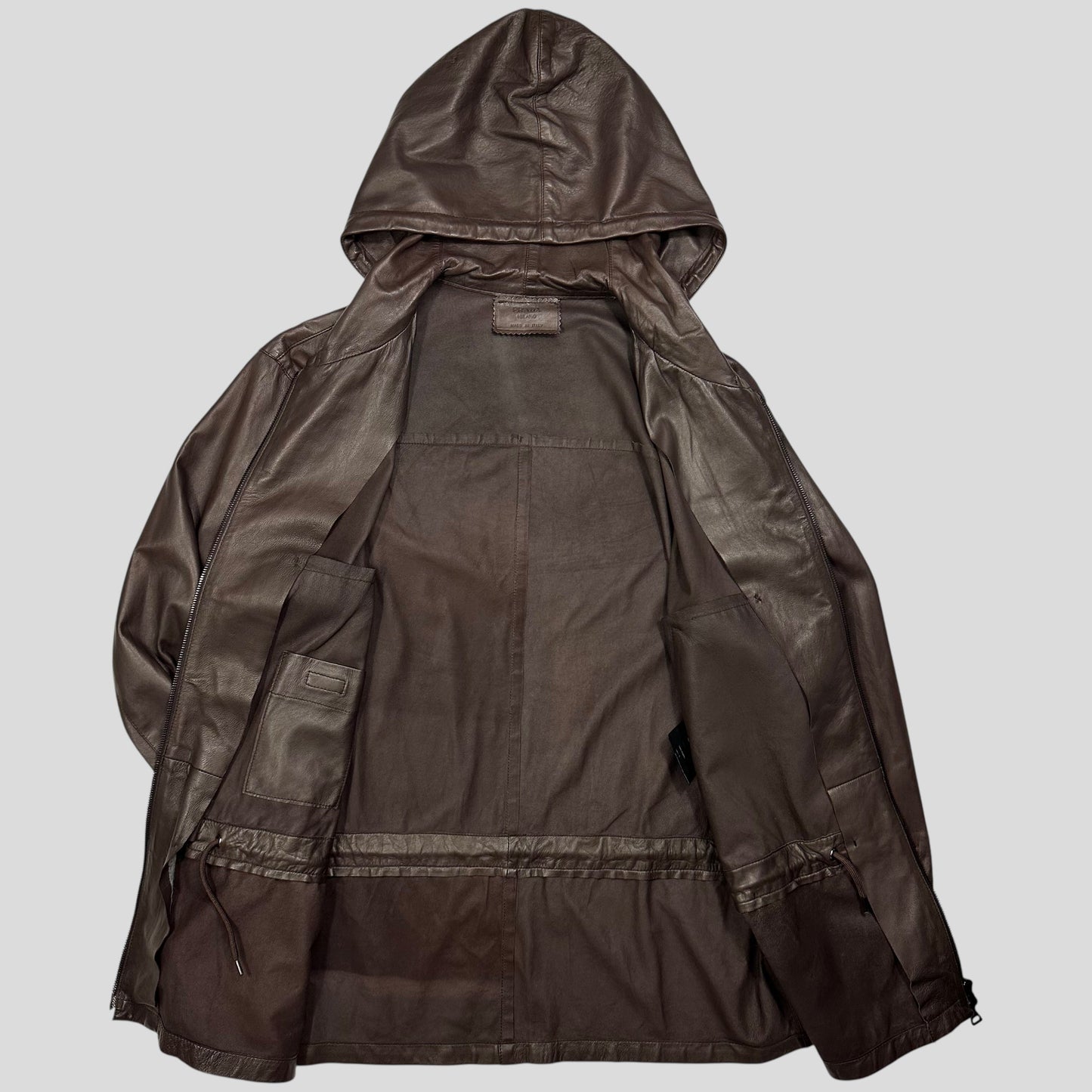 Prada Milano 00’s Nappa Leather Stash Pocket Hooded Jacket - L | Default Title, Brown