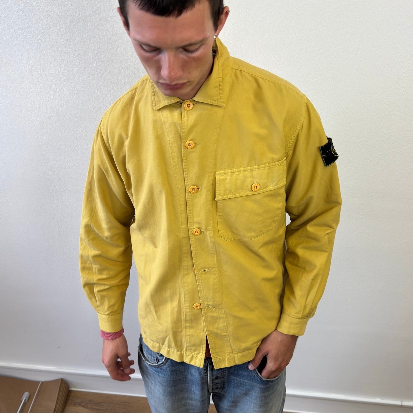 Stone Island Yellow 90s Button Up Green Edge Badge Overshirt | Large, Green