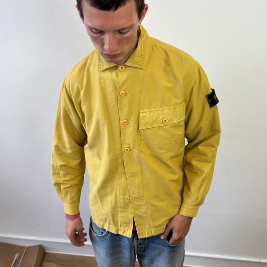Stone Island Yellow 90s Button Up Green Edge Badge Overshirt | Large, Green