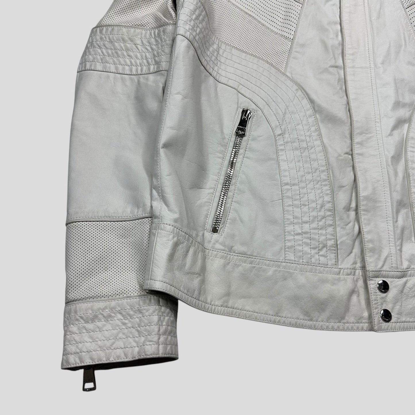 Gucci 2010 Nappa Leather Café Racer Perforated Panelled Biker Jacket - IT54 (L) | Default Title, White