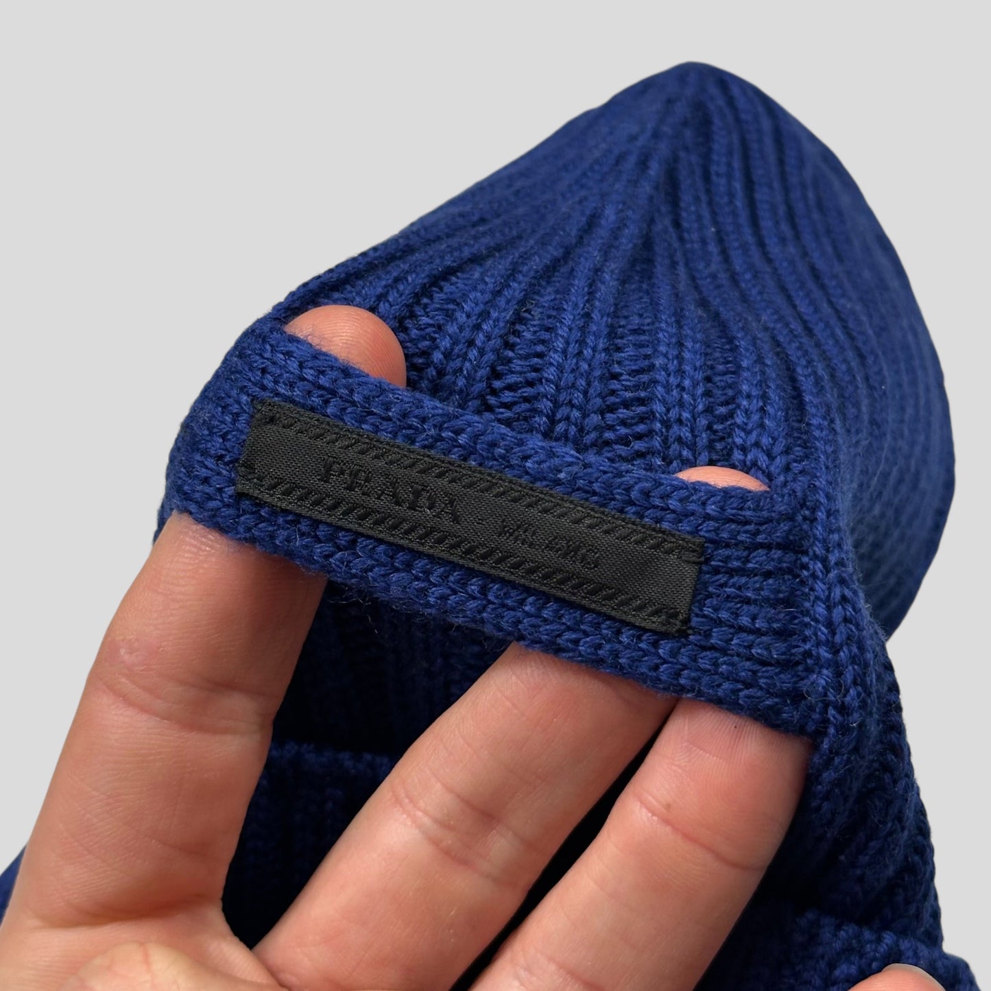 Prada 2020 Virgin Wool Blue Ribbed Logo Beanie