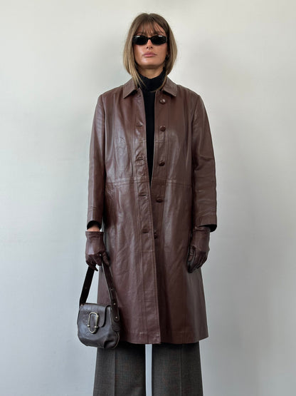 Vintage Smooth Leather Belted Trench Coat - M/L