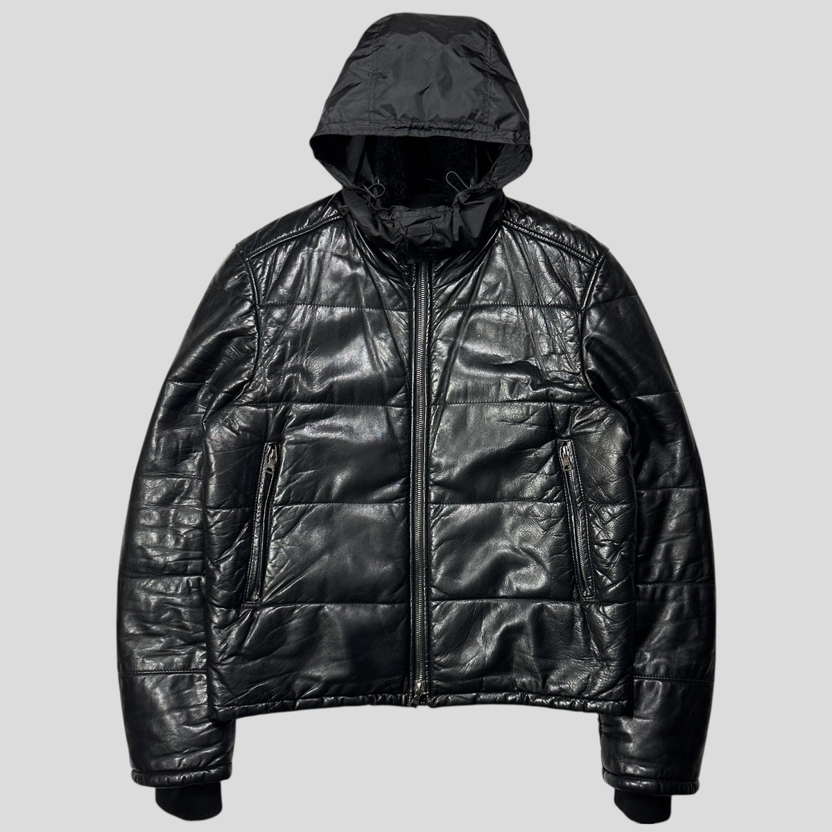 Prada Sport 00’s Leather Aviator Shearling Fur Collar Hooded Puffer - IT52 (L) | Large, Black