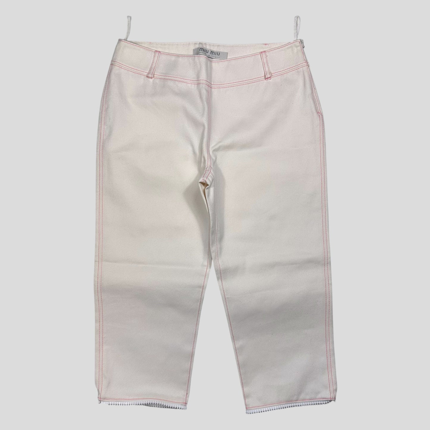 Miu Miu SS00 White and Pink Contrast Stitch Zip-off Bell Trousers - IT42 | Default Title, Pink