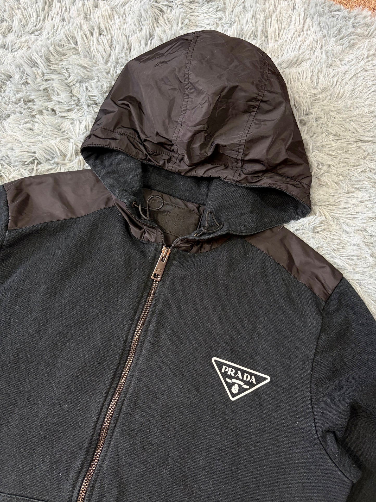 Prada 2022 Triangle Graphic Logo Nylon Panelled Hoodie Jacket - M | O/S, Black