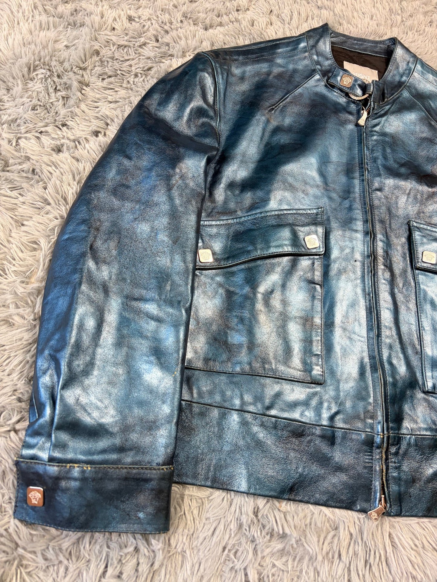 Versace VJC 00’s Blue Leather Metallic Rockstar Jacket - L | O/S, Multicoloured