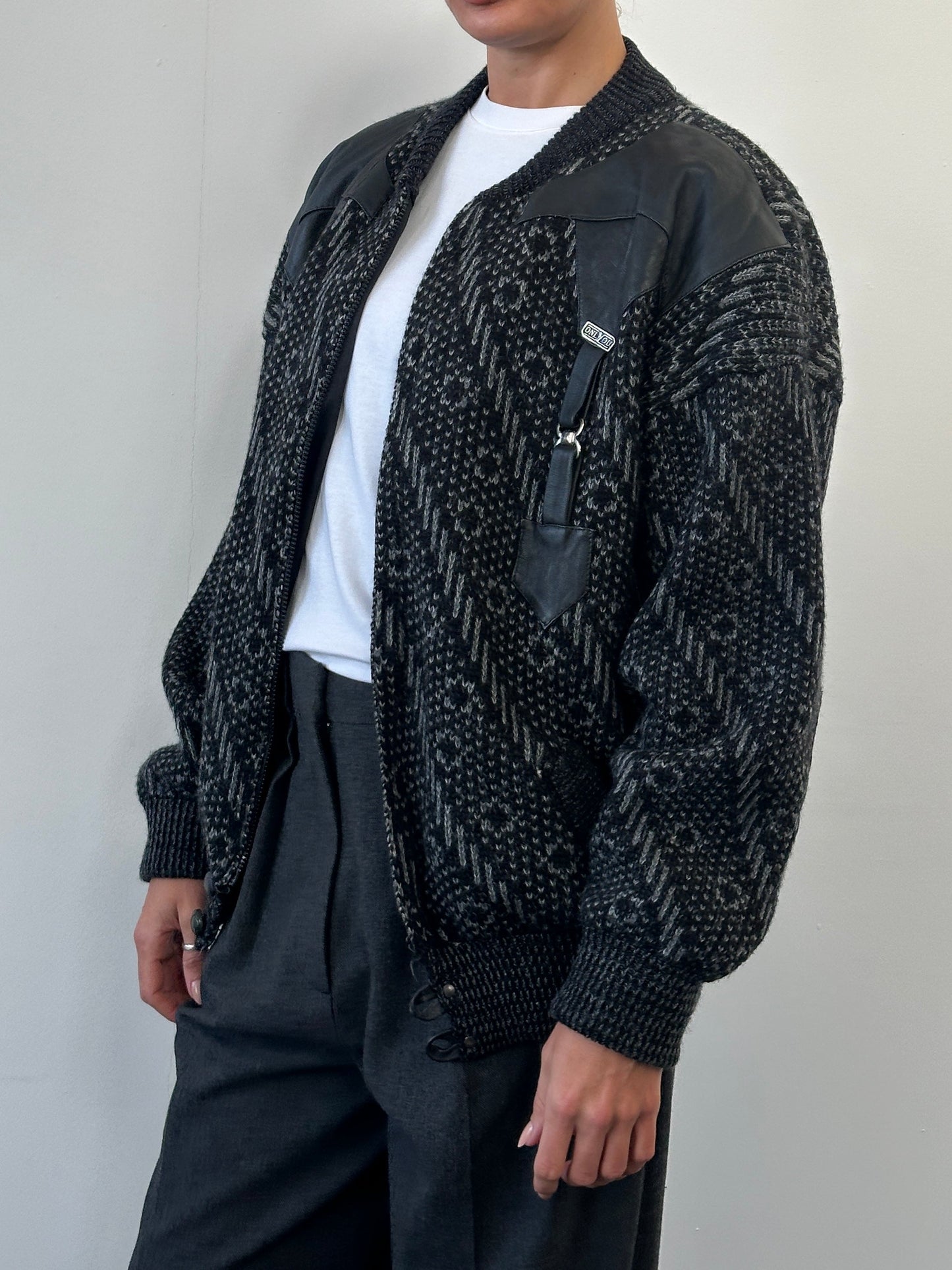 Vintage 1980s Wool Print Knit Bomber Jacket - XL