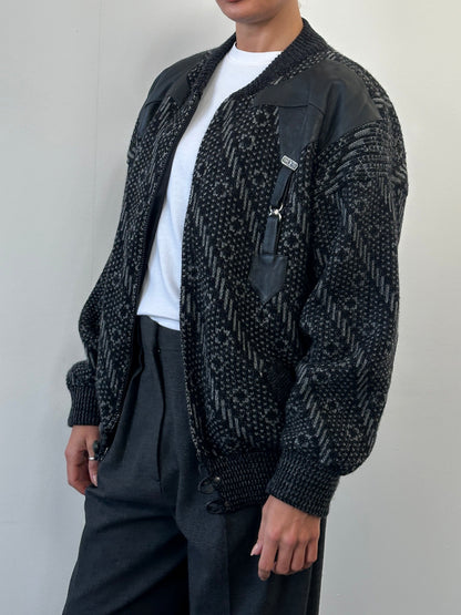 Vintage 1980s Wool Print Knit Bomber Jacket - XL