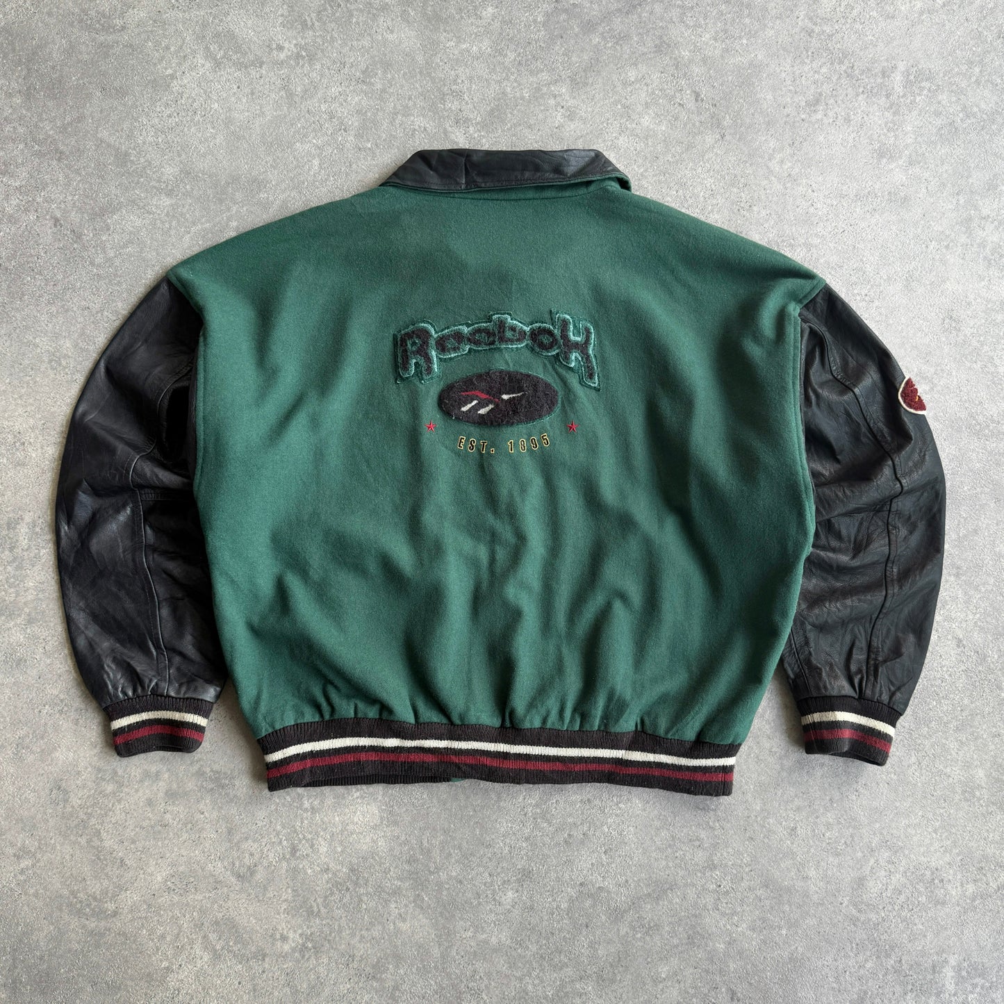 Reebok RARE 1990s heavyweight spellout leather varsity jacket (XL)