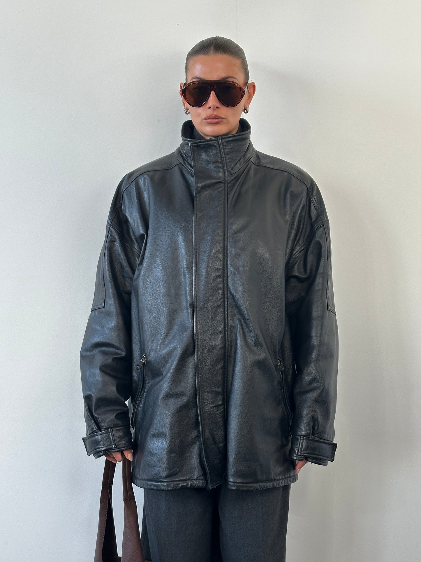 Armani Jeans 2000s High Neck Double Zip Leather Jacket - XXL