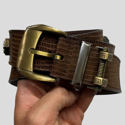 Gianni Versace 1994 Lizard Leather Medusa Bolt Stud Belt | O/S, Brown