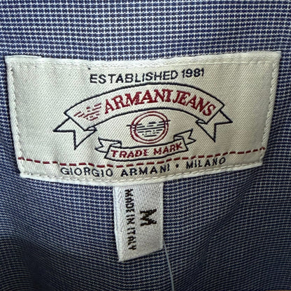 1990s armani jeans short sleeve button up shirt | O/S, Blue