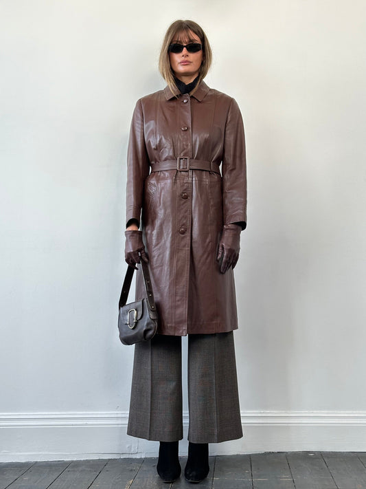 Vintage Smooth Leather Belted Trench Coat - M/L