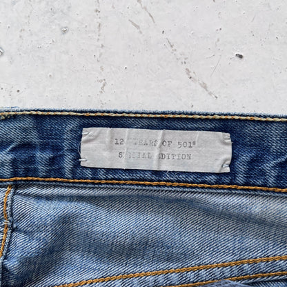 2000s levis 501 limited edition red line selvedge distressed jeans | Blue, Red