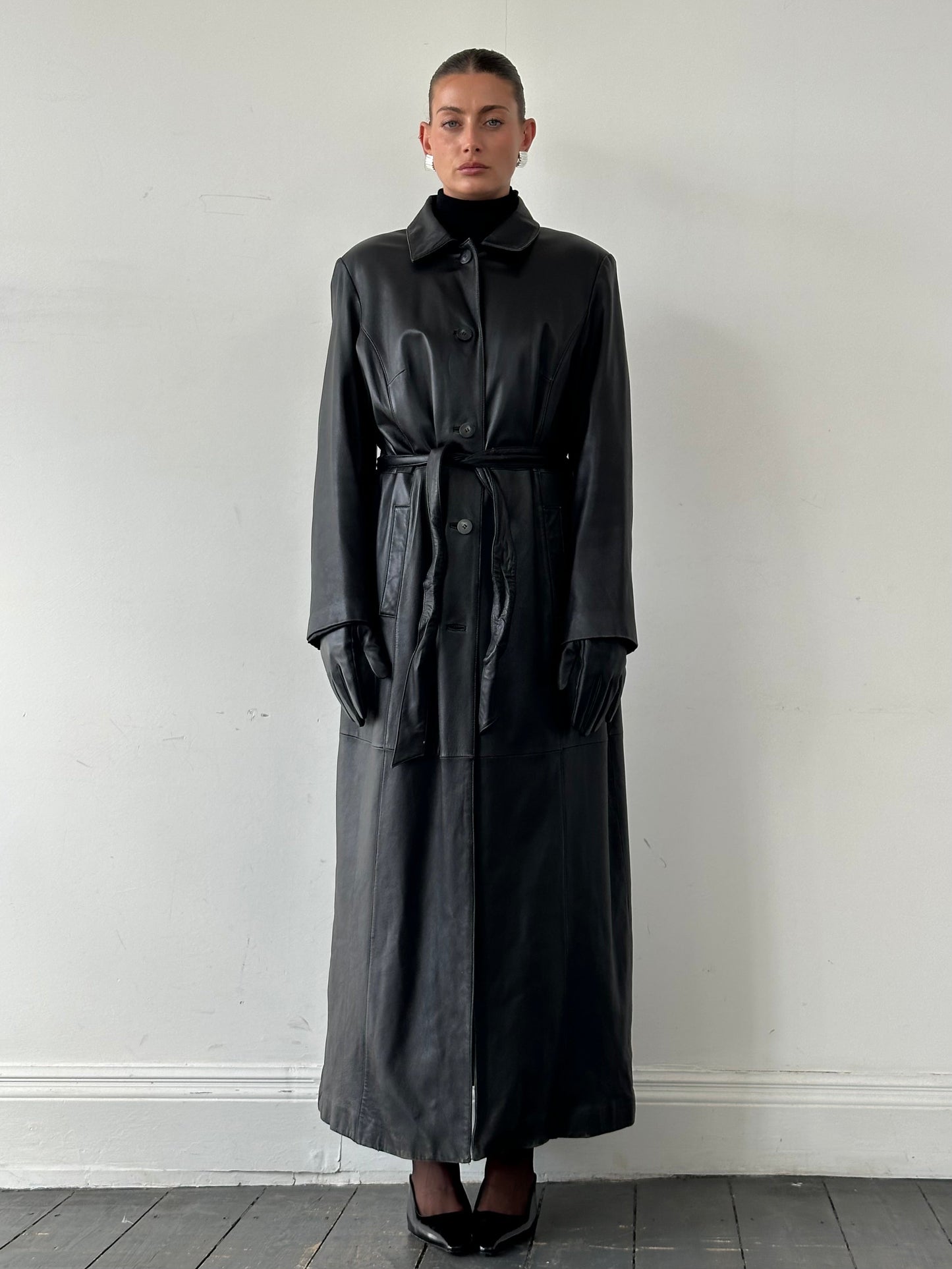 Vintage Floor Length Belted Leather Trench Coat - XL