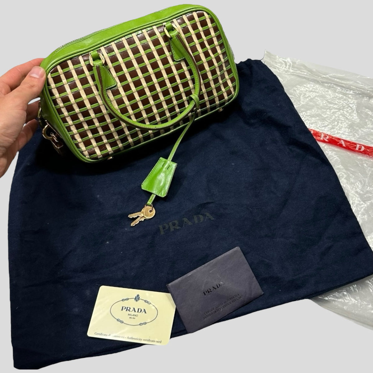 Prada 2001 Mini Top Handle Leather Woven Bag + Cards & Dustbag | O/S, Green