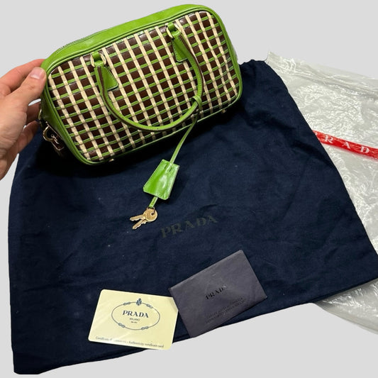 Prada 2001 Mini Top Handle Leather Woven Bag + Cards & Dustbag | O/S, Gold