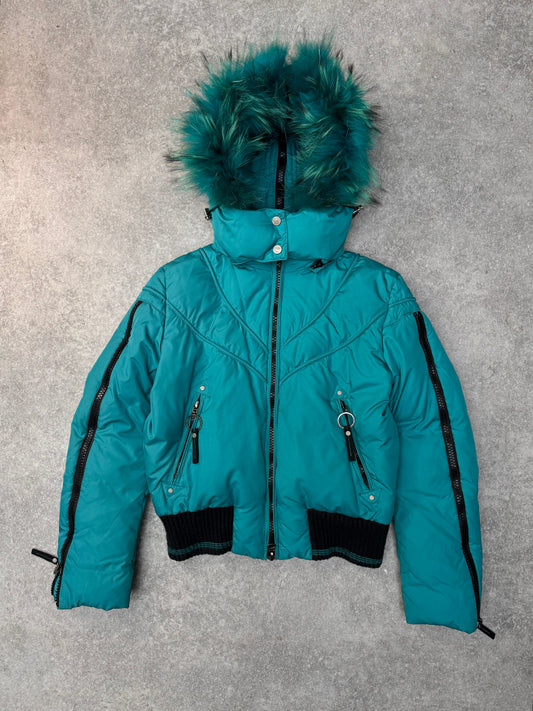 Versace Sport Fur Trimmed Turquoise Cropped Hooded Puffer Jacket