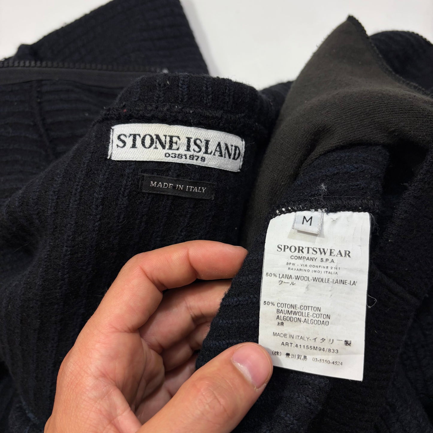 Stone Island AW04 Heavy Ribbed Knit Spellout Hoodie Jacket - M | Default Title, Navy