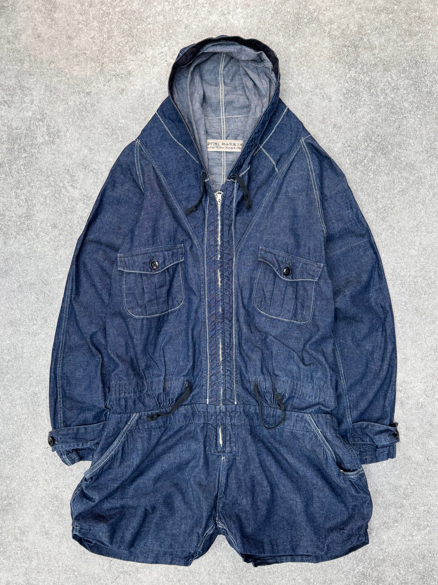Kapital Denim Hooded Long Sleeve Drawstring Playsuit