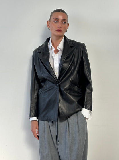 Vintage Single Button Leather Blazer Jacket - M