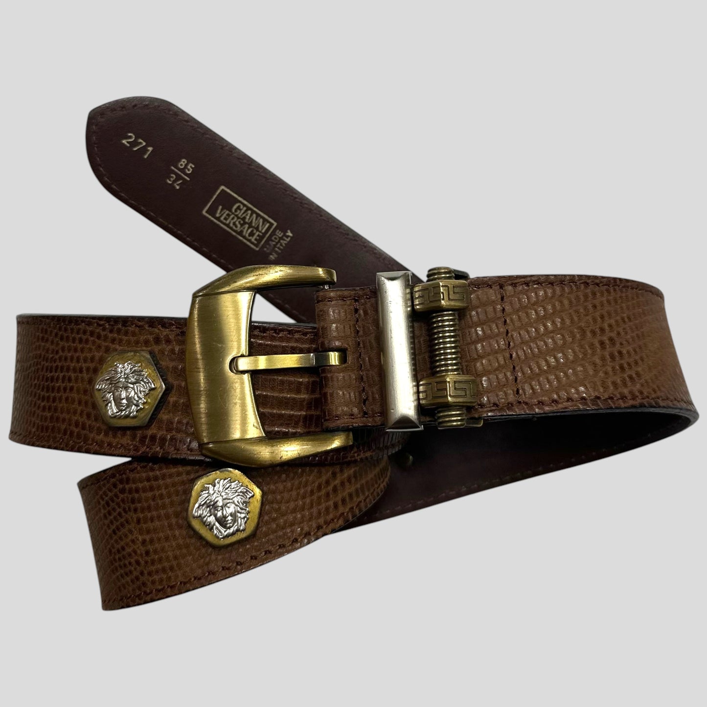 Gianni Versace 1994 Lizard Leather Medusa Bolt Stud Belt | O/S, Brown