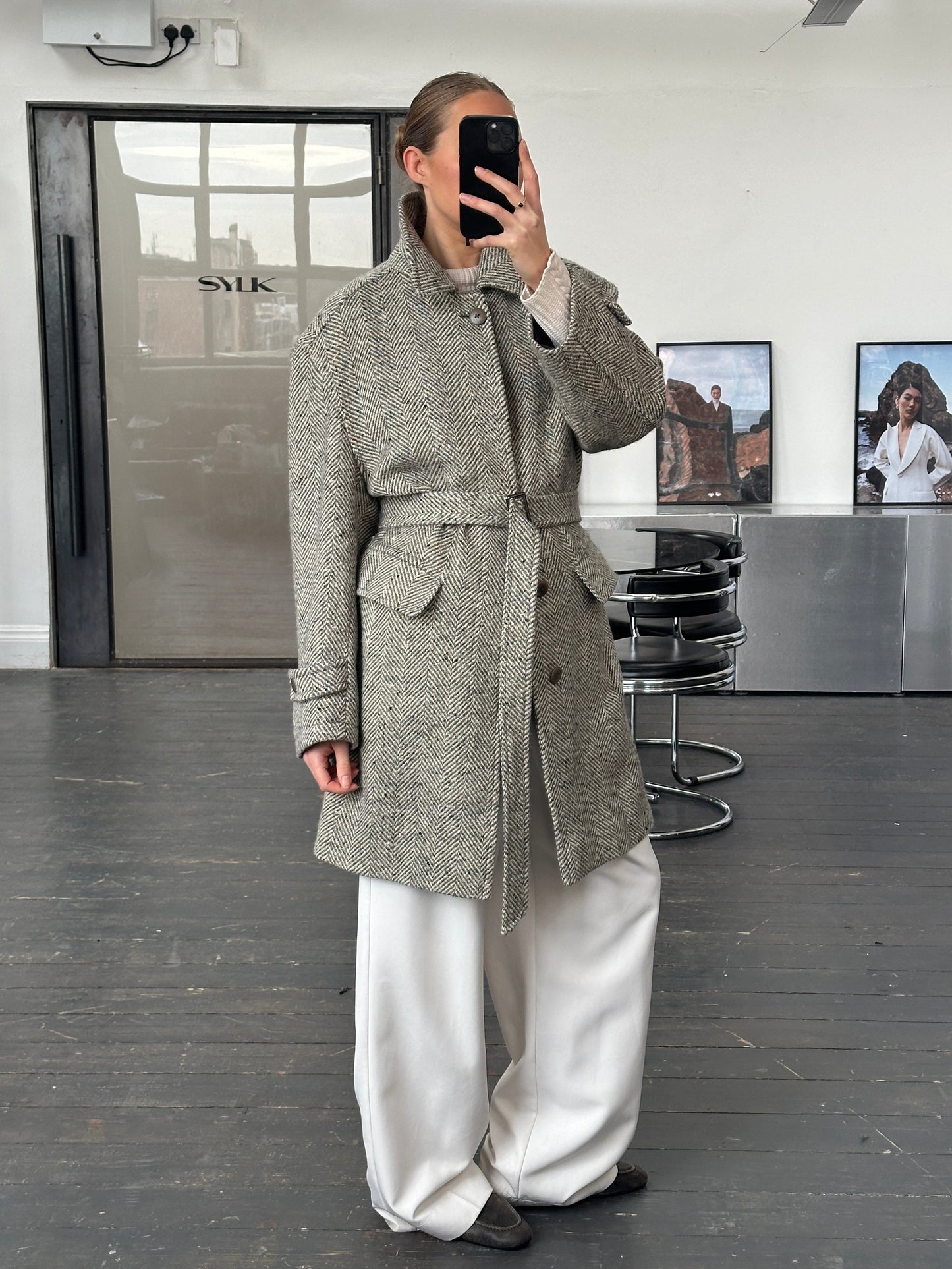 Valentino 1990s Pure Wool Herringbone Belted Coat - XL/XXL