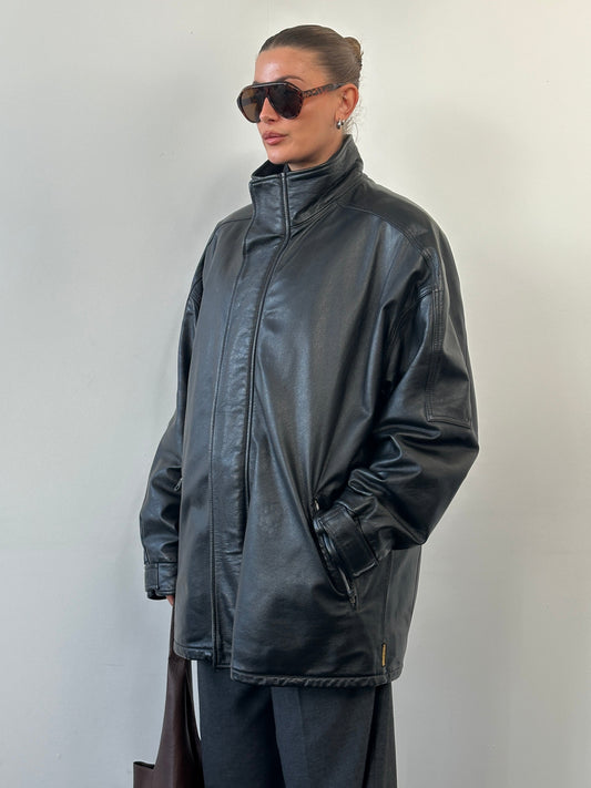 Armani Jeans 2000s High Neck Double Zip Leather Jacket - XXL